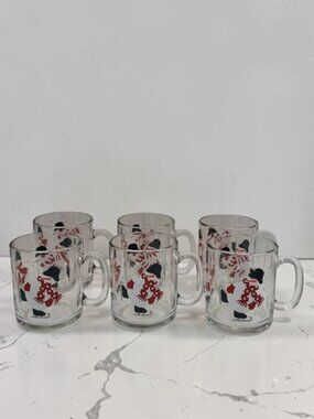 Crate & Barrel Snowman Glass Mugs Set of 6 Holiday Coffee Cups 3.75”